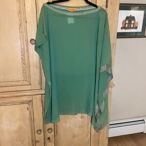Green Sheer Women's caftan type tunic Top with gold embroidery trim